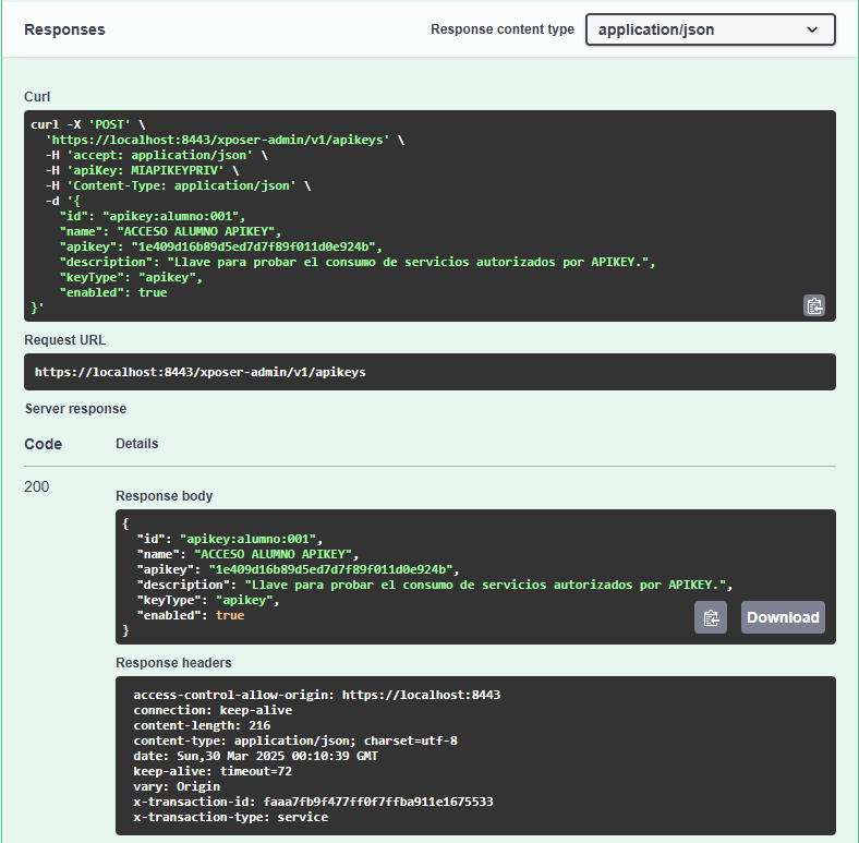 response apikey creation 200