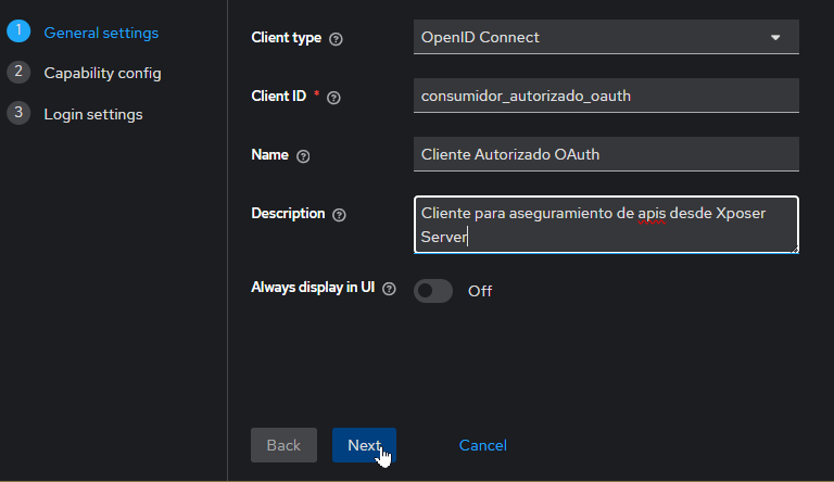 creación cliente general settings