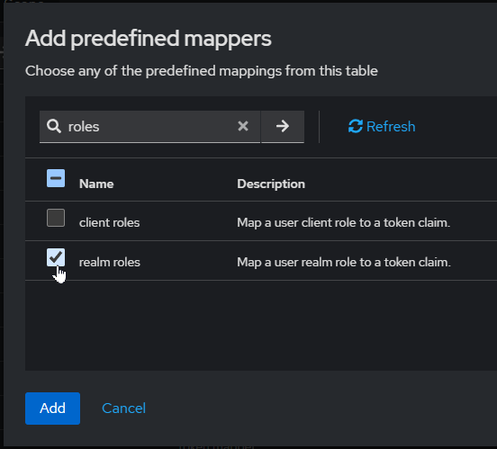 add mapper realm roles selected dialog